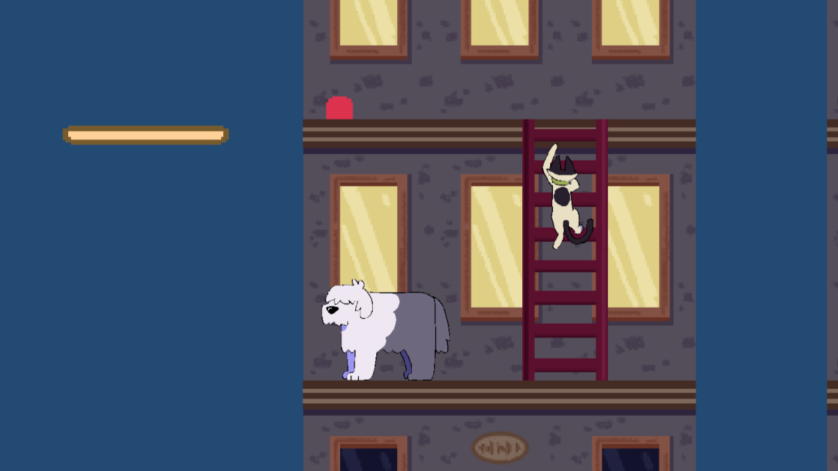 Viola the cat climbs a ladder to reach a red button