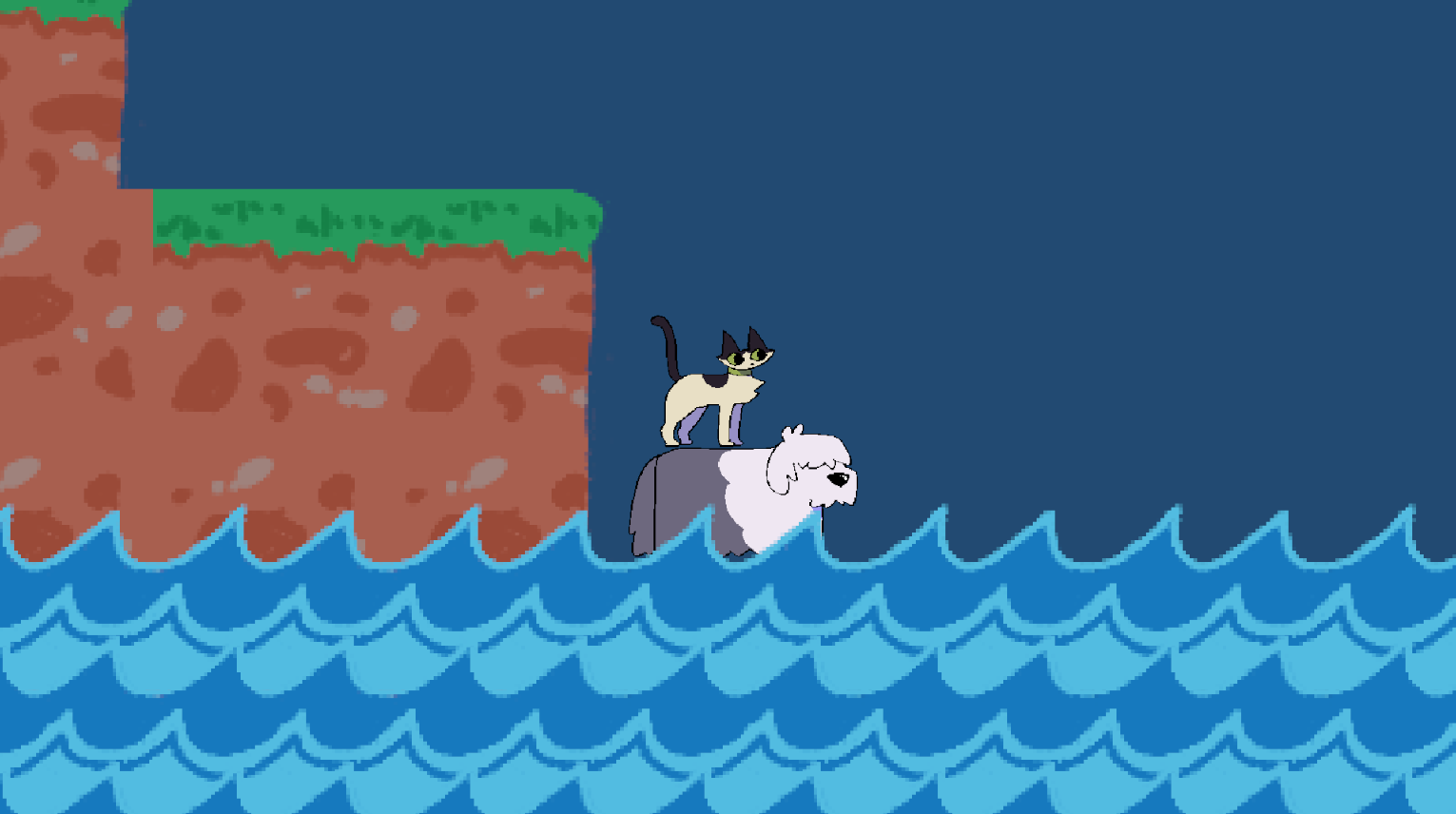 Henry swims across water with Viola on his back